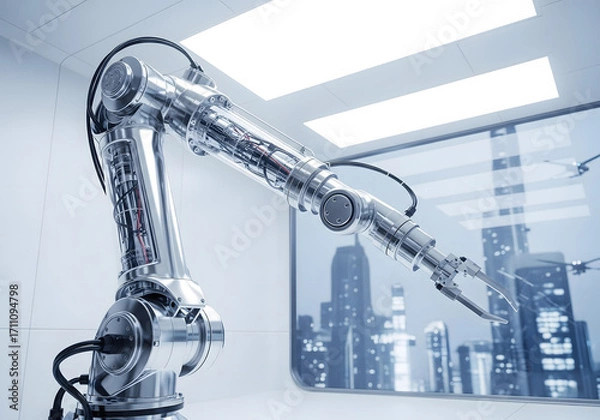 Obraz A futuristic robotic arm with a sleek, metallic design extending into a white lab, with a large window overlooking a cityscape. Generative AI.