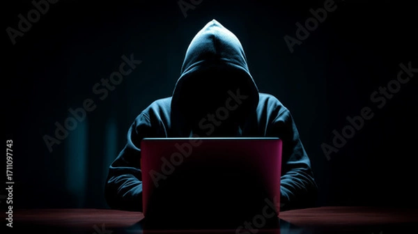 Fototapeta Hacker Man in a Hoodie Working on a Laptop in a Dark Room, Hacker Vibe
