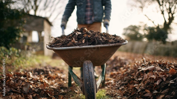 Fototapeta Man Pushing a Wheelbarrow Filled with Compost