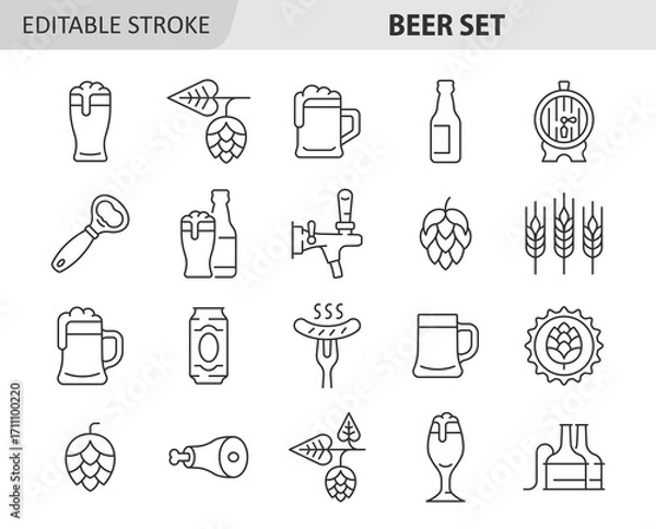 Fototapeta Beer line icon set. Vector collection symbol with mug of beer, hop cone, barley ear,  sausage, barrel, knuckle, opener, bottle. Editable stroke.