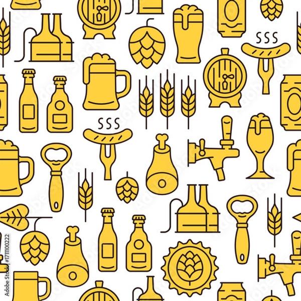 Fototapeta Beer line seamless pattern. Vector background with mug of beer, hop cone, sausage, barley ear, barrel, opener, bottle. Oktoberfest texture.