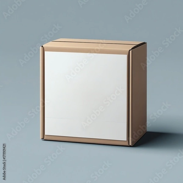 Fototapeta A brown cardboard box with a white label sits on a blue surface