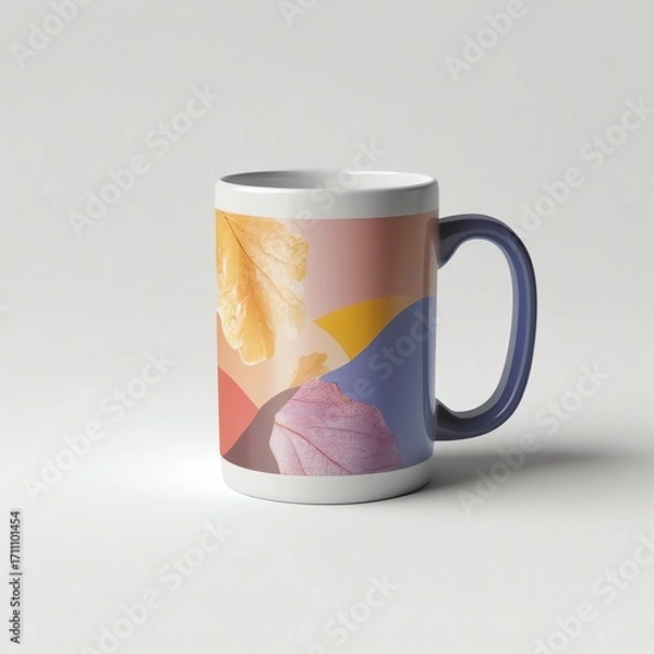 Fototapeta A ceramic mug with a navy handle featuring a graphic of autumn leaves
