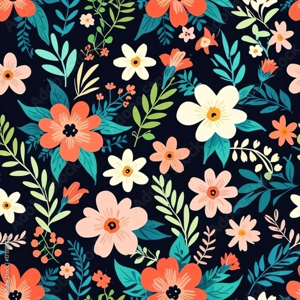 Fototapeta A dark background filled with a repeating pattern of colorful flowers and leaves