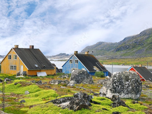 Fototapeta The Colorful Houses and Rugged Landscape of Nanortalik, Greenland on a Beautiful Summer Day
