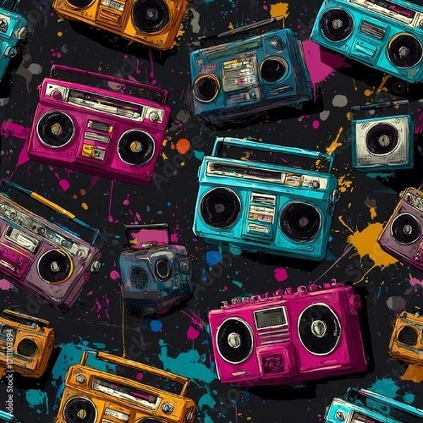 Fototapeta seamless pattern of vintage boombox radios, neon pop art graffiti splashes, bold hand-drawn style, bright 80s colors on dark black background