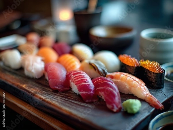 Fototapeta A close-up, elegant shot of a platter of assorted nigiri sushi, including salmon, tuna, and shrimp, arranged artfully in a fine dining setting with a soft background.