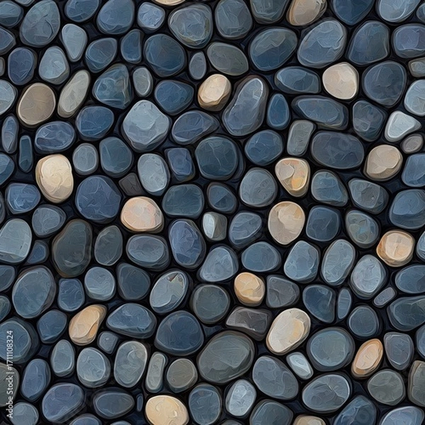 Fototapeta A seamless, moody pattern of smooth, dark blue-grey river stones with a few scattered lighter, off-white pebbles creating a contrasting effect.