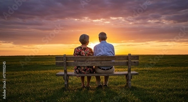 Fototapeta An elderly couple enjoys the sunset while sitting on a bench in a field.