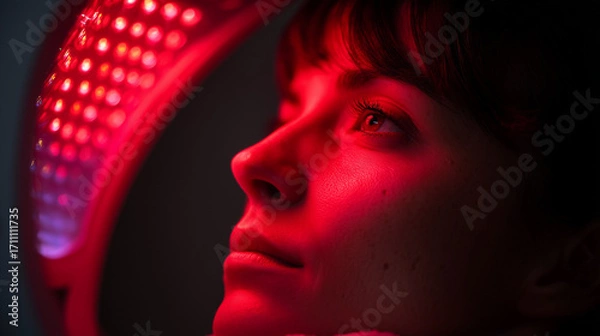 Fototapeta Close-Up of Someone Using a Red Light Therapy Lamp with Protective Glasses at Home