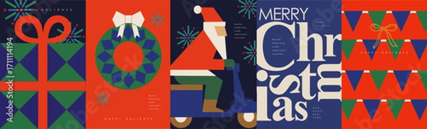 Fototapeta Merry Christmas and Happy New Year. Vector modern geometric illustration of a gift, wreath, Santa Claus on a scooter, typography, and festive flags garland for a minimalist greeting card, background