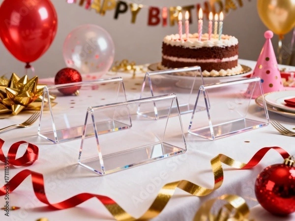 Fototapeta Acrylic place card holders at elegant birthday celebration table with festive decorations and joyful atmosphere.