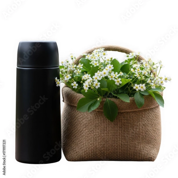 Fototapeta Black thermos bottle next to a burlap basket filled with small white flowers, isolated on transparent background