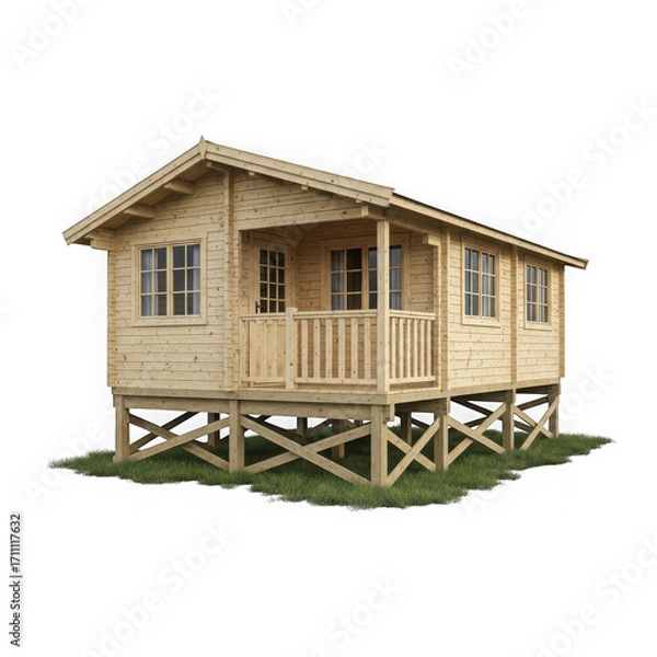 Fototapeta Wooden cabin on stilts with a porch and windows, isolated on transparent background
