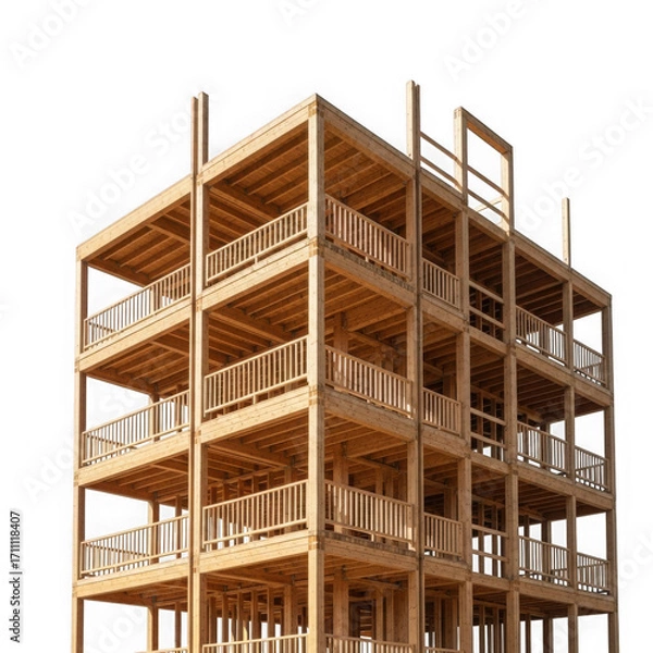Fototapeta Wooden multistory building frame with balconies, isolated on transparent background