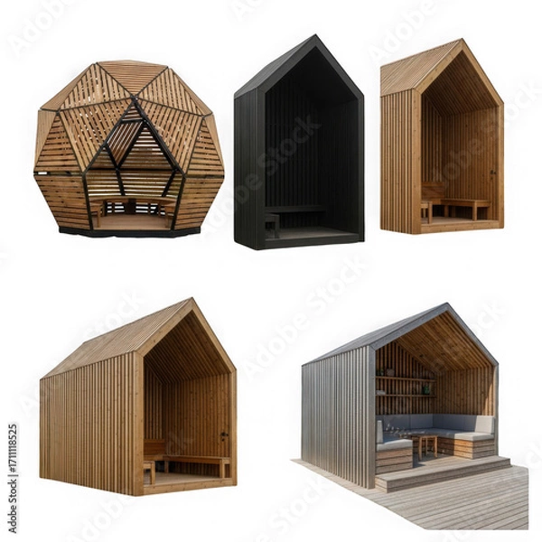 Fototapeta Collection of modern wooden outdoor shelters and gazebos with unique architectural designs isolated on transparent background