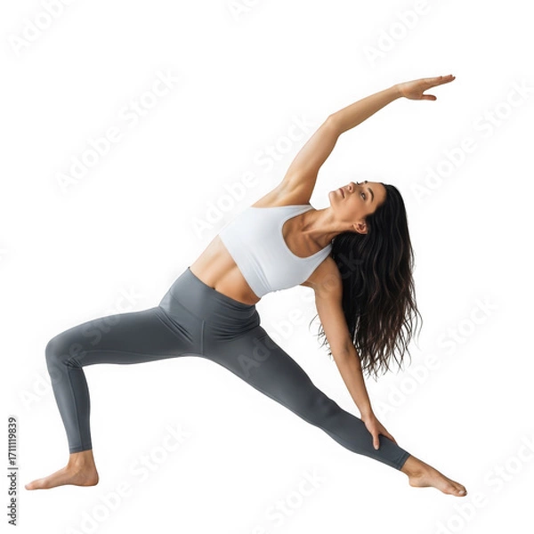Fototapeta Woman practicing yoga in extended side angle pose, isolated on transparent background