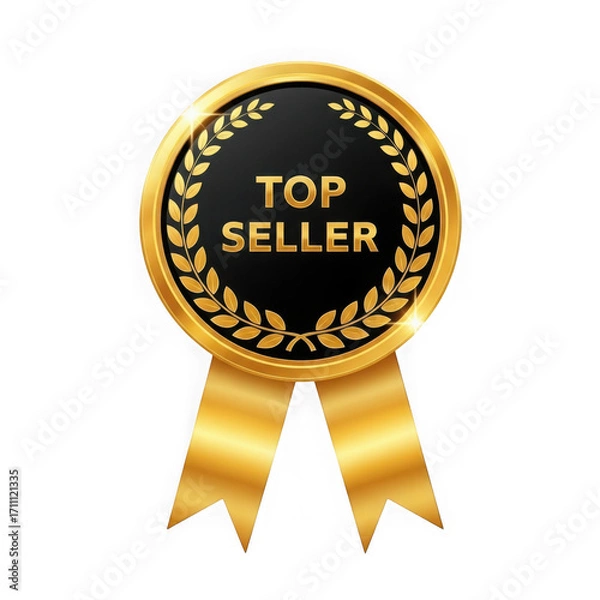 Fototapeta Golden top seller award badge with laurel wreath and ribbon, isolated on transparent background