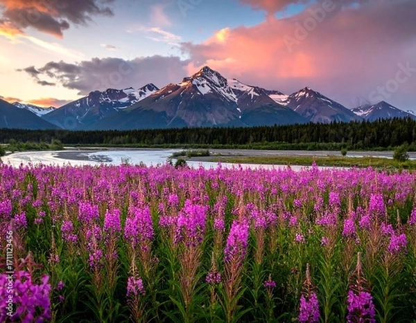 Fototapeta A serene landscape showcases a vibrant field of magenta wildflowers, with a tranquil river flowing through a lush forest, beside snow-capped mountains under a beautiful sunset sky.