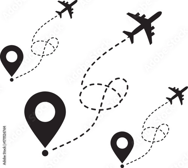 Obraz Airplane flight path with location pin. Travel route concept with start and destination point. Aircraft flying on a dotted line. Journey or trip symbol.