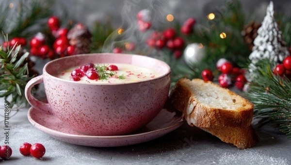 Fototapeta Creamy Pomegranate Soup Served with Bread on a Festive Christmas Table.