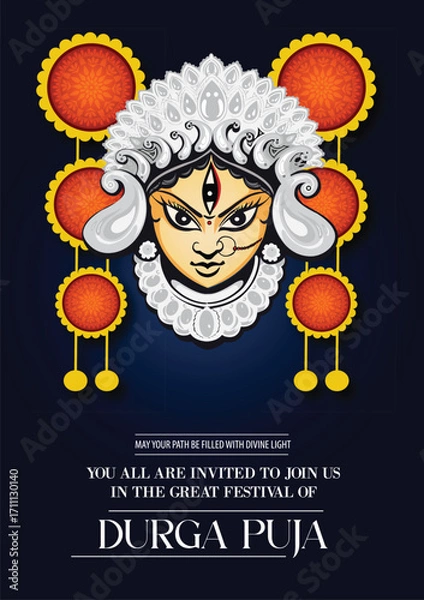Fototapeta festival dhamaka of Happy Dussehra Navratri background Template Design celebration of festival of durga puja with text in bengali Durga  puja meaning Happy durga puja