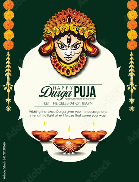 Fototapeta festival dhamaka of Happy Dussehra Navratri background Template Design celebration of festival of durga puja with text in bengali Durga  puja meaning Happy durga puja
