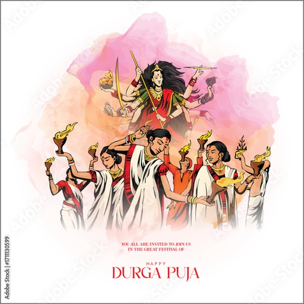 Fototapeta festival dhamaka of Happy Dussehra Navratri background Template Design celebration of festival of durga puja with text in bengali Durga  puja meaning Happy durga puja
