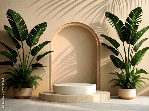 Fototapeta A minimalistic podium scene with a smooth circular base and a smaller elevated platform in the center
