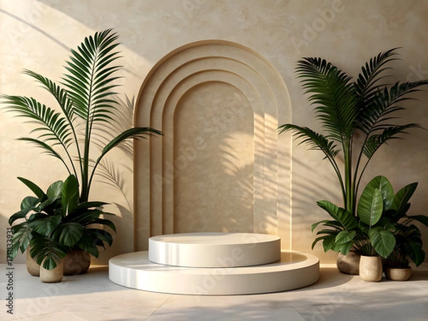 Fototapeta A minimalistic podium scene with a smooth circular base and a smaller elevated platform in the center
