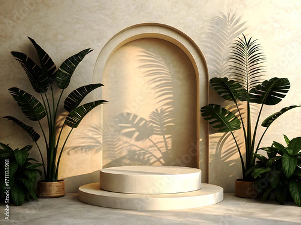 Fototapeta A minimalistic podium scene with a smooth circular base and a smaller elevated platform in the center