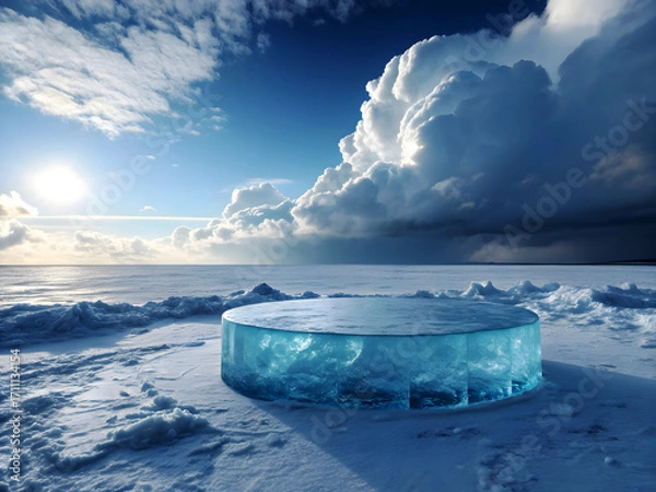 Fototapeta A surreal icy landscape featuring a large circular podium made entirely of transparent blue ice, placed at the center