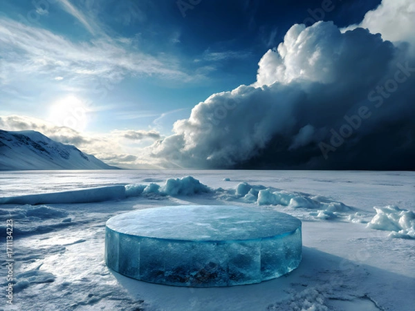 Fototapeta A surreal icy landscape featuring a large circular podium made entirely of transparent blue ice, placed at the center