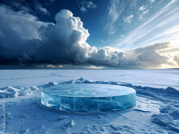 Fototapeta A surreal icy landscape featuring a large circular podium made entirely of transparent blue ice, placed at the center