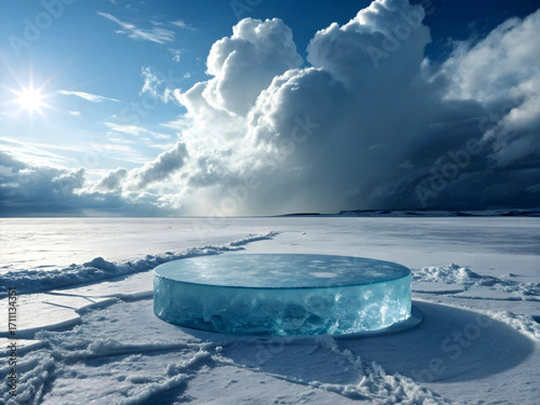 Fototapeta A surreal icy landscape featuring a large circular podium made entirely of transparent blue ice, placed at the center