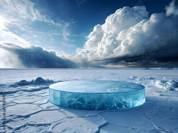 Fototapeta A surreal icy landscape featuring a large circular podium made entirely of transparent blue ice, placed at the center