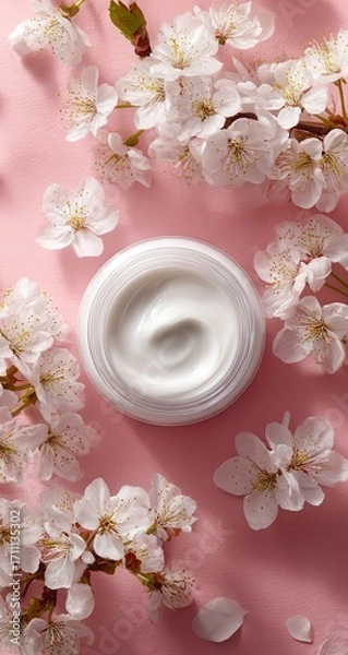 Fototapeta Cosmetic cream jar with delicate white cherry blossoms on a soft pink background.