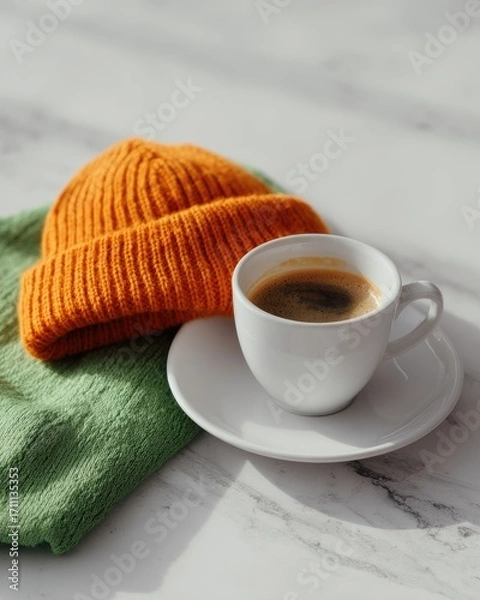 Fototapeta Warm knitted beanie and scarf with hot espresso coffee on marble surface.