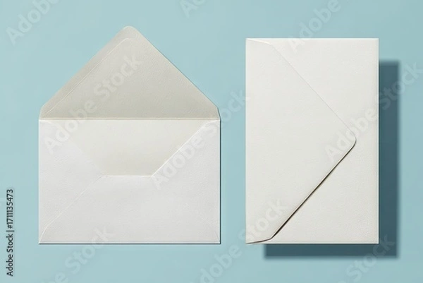 Fototapeta White Envelope And Card On Light Blue Background Minimalist Stationery.