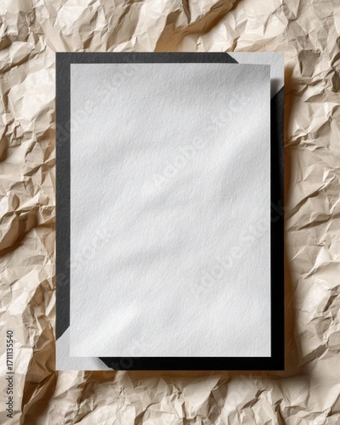 Fototapeta Blank white paper sheet attached to dark surface on crumpled brown paper background.