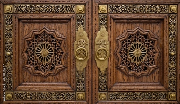 Obraz Ornate Antique Wooden Door with Intricate Geometric Carvings and Brass Hardware.