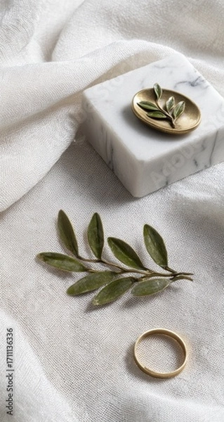 Fototapeta Elegant gold ring and olive branch on white textured background.
