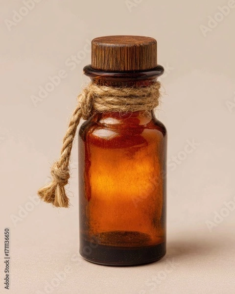 Fototapeta Small amber glass bottle with wooden cap and rustic twine detail.