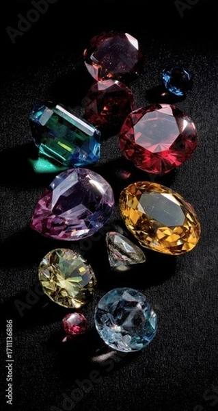 Fototapeta Assorted Faceted Gemstones Collection Vibrant Colors Dark Background.