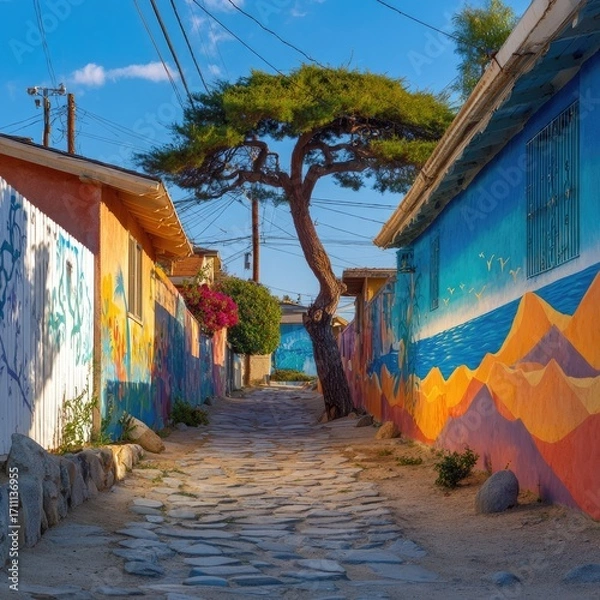 Fototapeta Vibrant colorful alleyway with artistic murals and a unique tree.
