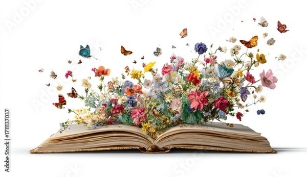 Fototapeta Enchanting Open Book Unleashes Vibrant Flowers and Butterflies in Magical Bloom.