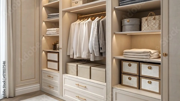Fototapeta Close up of a well organized closet with clothes and storage boxes