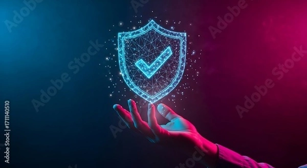 Fototapeta Cybersecurity protection concept with glowing shield held above hand, digital security and compliance is assured