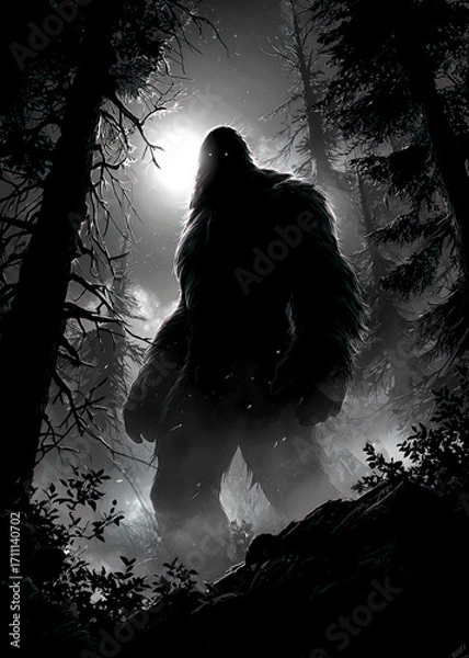 Fototapeta A shadowy silhouette of a large, furry creature looms in a dark forest. The bright moon casts an eerie glow, creating a scene full of mystery and wonder for explorers.