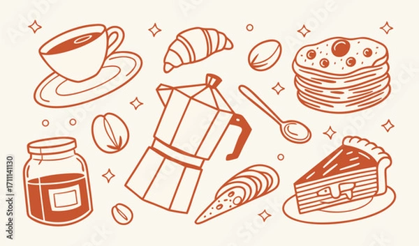 Fototapeta Handdrawn breakfast and coffee elements including pie slice